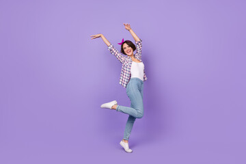 Fototapeta na wymiar Full size profile side photo of young pretty lady playful dancing free-time isolated over purple color background
