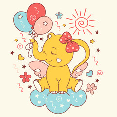 Cute elephant for baby shower, birthday card, kids fabric, print. Printable doodle cub animal. Cartoon newborn girl, little angel.