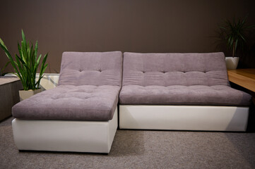 Modern confortable settee, displayed for sale in a showroom of an upholstered furniture store for home furnishing. Interior design and home decoration