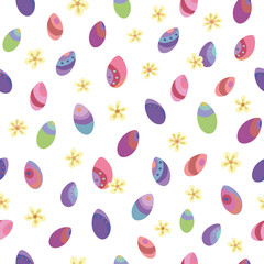 Seamless vector pattern of Easter eggs and flowers. Suitable for packaging, fabrics, wallpapers and simple colorings. Easter background. 