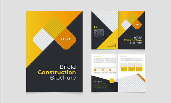 Bifold construction brochure design template with yellow black color background