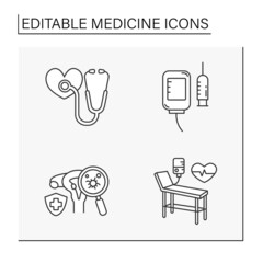 Medicine line icons set. Clinical trials, stethoscope, examination table, infection in uterus, dropper. Healthcare concept.Isolated vector illustrations. Editable stroke