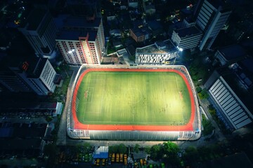 Football field top view, Aerial View Of Stadium At Night