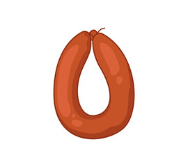 Homemade appetizing sausage rolled into a ring. Vector illustration of meat food in cartoon childish style. Isolated funny clipart of soy sausages on white background. cute print.
