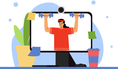 A woman teaches physical education on video. Physical exercises online, coach online. A woman holds dumbbells in her hands. Vector illustration