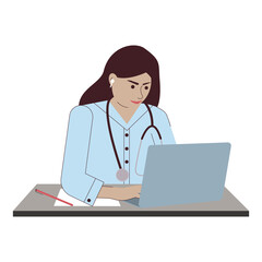 Fototapeta premium A female doctor consults the patient over the Internet. A doctor helps a patient online. Vector illustration on white background. For print, web design.
