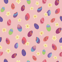 Seamless vector pattern of Easter eggs and flowers. Suitable for packaging, fabrics, wallpapers and simple colorings. Easter background.	
