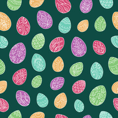 Seamless vector pattern of Easter eggs and abstract floral elements. Holiday background for greeting card, website, printing on fabric, gift wrap, postcard and wallpapers. Easter background.