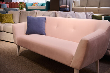 Stylish pink sofa with purple cushion in the showroom of upholstered furniture.
