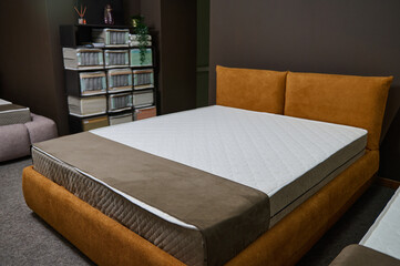 Exhibition of comfortable stylish beds with orthopedic mattresses in the furniture store showroom...