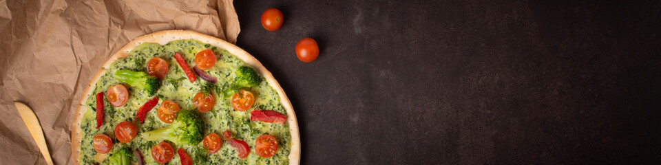 panorama of vegan pizza on a dark background for menu advertising
