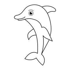 Coloring pages. Marine wild animals. Little cute dolphin jumps from the water and smiles.