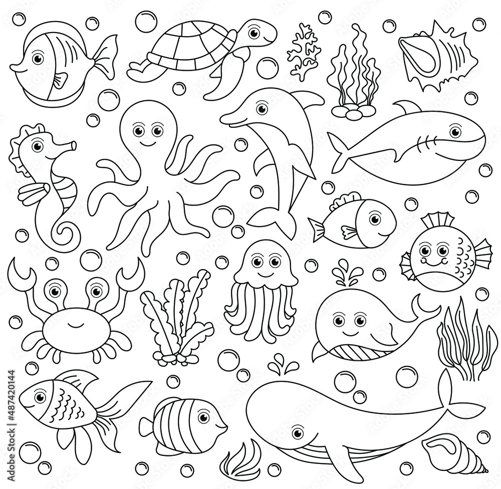 Wall mural sea underwater animals set to be colored, the big coloring book for preschool kids with easy educati