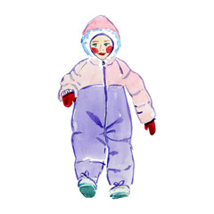 Watercolour. A small child on a walk in winter. Children's warm winter overalls.