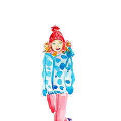 Watercolour. A girl on a walk in winter. Winter clothes. Children's warm winter overalls.