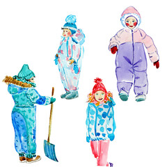 Watercolour. Children on a walk in winter. Winter clothes.