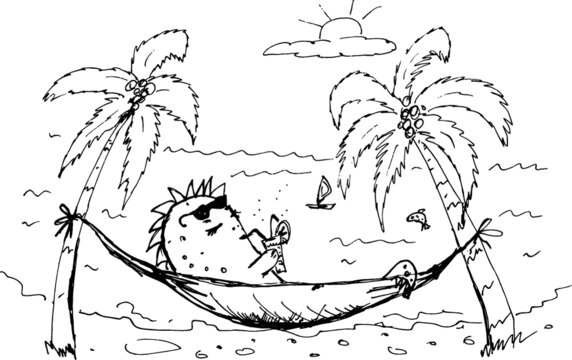 Resting in a hammock near the sea with palm trees dinosaur drawn with a black pen coloring book