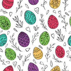 Seamless vector pattern of Easter eggs and abstract floral elements. Holiday background for greeting card, website, printing on fabric, gift wrap, postcard and wallpapers. Easter background.