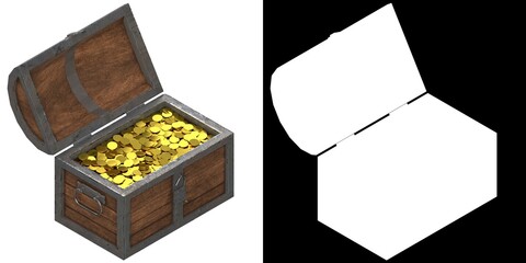 3D rendering of a treasure chest with padlock and coins