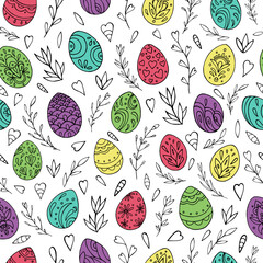 Seamless vector pattern of Easter eggs and abstract floral elements. Holiday background for greeting card, website, printing on fabric, gift wrap, postcard and wallpapers. Easter background.