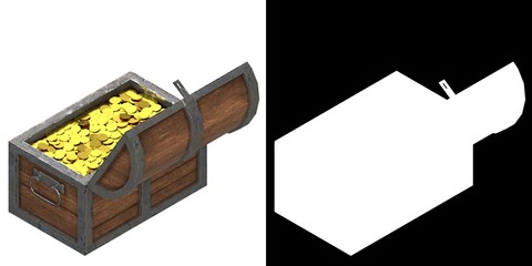 3D rendering of a treasure chest with padlock and coins