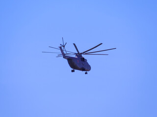 Russia, St. Petersburg - June 24, 2020: Russian transport helicopter Mil Mi-26 RF-06805 of the Russian Air Force in flight at Parade of Victory in World War II...