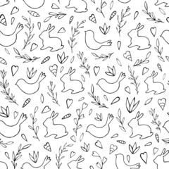 Seamless vector pattern of eggs, rabbits, birds and abstract floral elements. Holiday background for greeting card, website, printing on fabric, gift wrap, postcard and wallpapers.