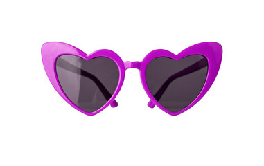 Fototapeta premium Heart-shaped very peri violet sun glasses isolated on white background. Funky funny sunglasses. High quality photo