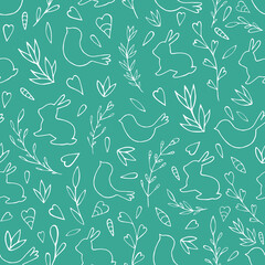 Seamless vector pattern of rabbits, birds and abstract floral elements. Holiday background for greeting card, website, printing on fabric, gift wrap, postcard and wallpapers.