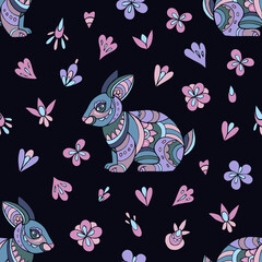 Seamless vector pattern of rabbits and flowers. Suitable for packaging, fabrics, wallpapers and simple colorings. Easter background. 