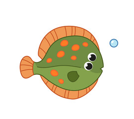 Cute green flounder fish with a smile. Vector illustration of a sea animal in a cartoon childish style. Isolated funny clipart on white background. Cute baby flounder print.