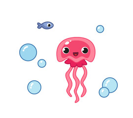Cute pink jellyfish with a smile. Vector illustration of a sea animal in a cartoon childish style. Isolated funny clipart on white background. cute baby jellyfish print.