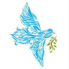 Obraz premium dove of blue color with a green branch of an olive tree flies a christian symbol