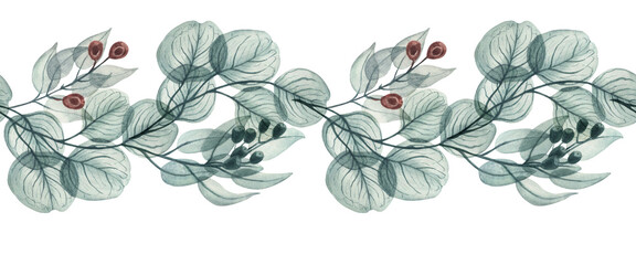 Watercolor  floral illustration, dusty red and blue berries with transparent petals, seamless border,. Hand drawn watercolor illustration on a white background 