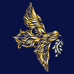 with a green branch of an olive tree a dove is flying logo a christian symbol of hope and peace and salvation golden color