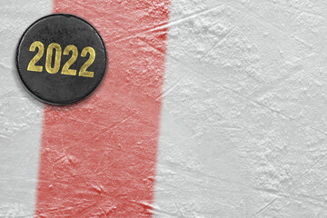 Puck on the ice of a hockey arena with a red line