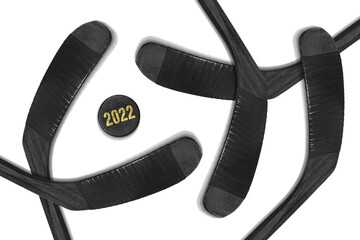 Hockey sticks and puck on white background