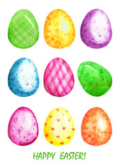 Watercolor happy easter card. Colorful Easter eggs, eggs hunting season, easter bunny greeting, postcard, design