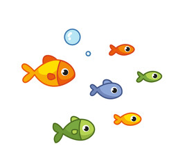 A flock of small multi-colored fish babies. Vector illustration in cartoon childish style. Isolated funny clipart on white background. cute print.