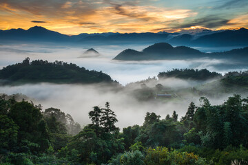 Asia culture - Beautiful landscape of lake level reflect fantasy dramatic sunrise sky in Sun Moon Lake , in Taiwan, Asia. the famous travel attractions in Nantou ,Taiwan. Scenery of Sun Moon Lake,