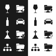Set Car, Bottle of wine, Wine glass, FTP folder upload, Tombstone with cross and sync refresh icon. Vector