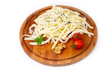 Close-up of natural cheese. Traditional Turkish cheeses. The original Turkish name is known as cecil. Cecil cheese.