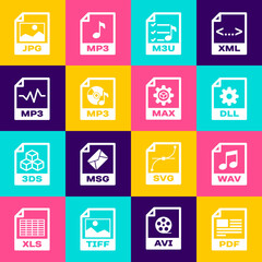 Set PDF file document, WAV, DLL, M3U, MP3 and icon. Vector