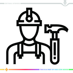 Line icon for construction worker illustrations with editable strokes. This vector graphic has customizable stroke width.