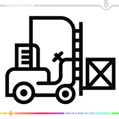 Line icon for forklift truck illustrations with editable strokes. This vector graphic has customizable stroke width.