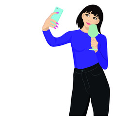 Girl with a phone in one hand and a glass in the other, flat vector, isolate on a white background, blogger, opinion leader, influencer