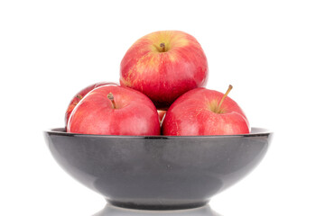 A few sweet organic, red apples with a black ceramic plate, macro, isolated on a white background.

