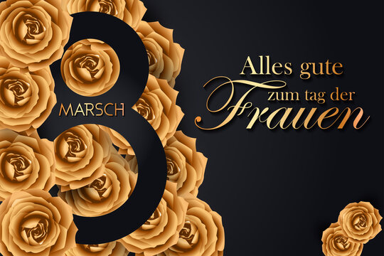 Karte oder Banner zum Frauentag am 8. März in Gold auf schwarzem Hintergrund mit goldfarbenen Rosen