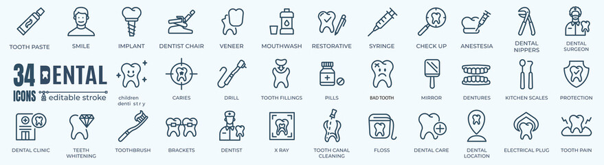 Dental elements stroke pictogram and minimal thin line web icon set. Outline icons collection. Simple illustration