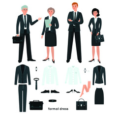 Formal dress for men and women. Business meeting. Set of clothes for official meetings: tie, shirt, skirt, suit, bag, jacket.